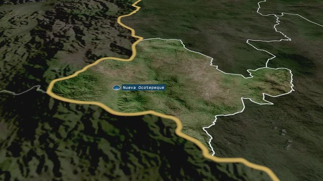 Ocotepeque - department of Honduras with its capital zoomed on the satellite map of the globe. Animation 3D