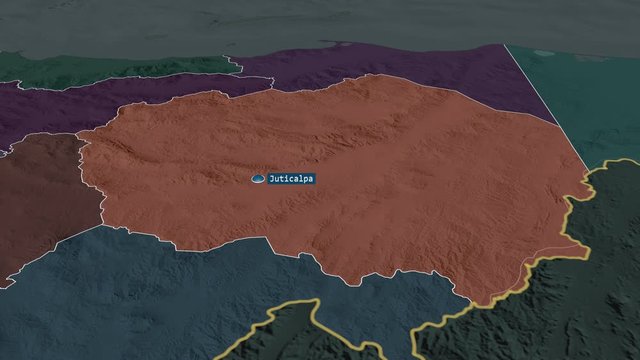 Olancho - department of Honduras with its capital zoomed on the administrative map of the globe. Animation 3D