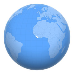 Liberia on the globe. Earth centered at the location of the Republic of Liberia. Map of Liberia. Includes layer with capital cities.