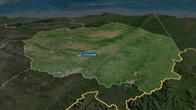 Olancho - department of Honduras with its capital zoomed on the satellite map of the globe. Animation 3D