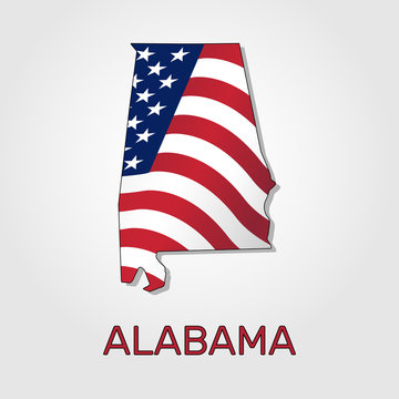 Map of the state of Alabama in combination with a waving the flag of the United States. Alabama silhouette or borders for geographic themes - Vector