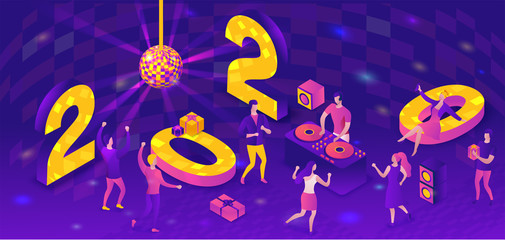 New year party 3d isometric illustration, dj playing club disco music, people dancing, christmas tree, present, holiday poster, night winter event vector concept, violet, yellow, pink colors