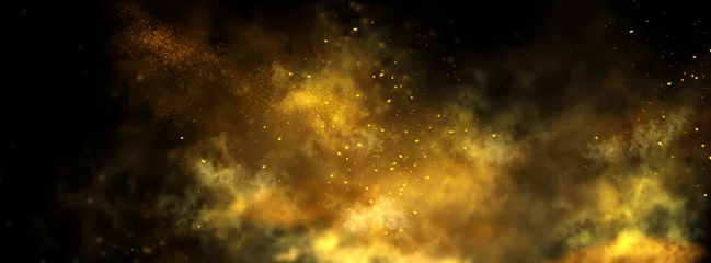 Deurstickers Abstracte magische gouden stofachtergrond over zwarte. Prachtige gouden kunst breedbeeld achtergrond © Subbotina Anna