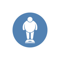 Fat man on the scales. Overweight icon. Vector illustration.