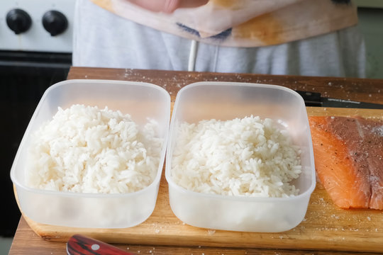 Rice porridge in plastic containers, preparing food