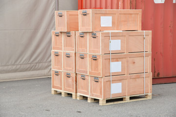 Wooden chest cargo for export waiting for delivery at port.