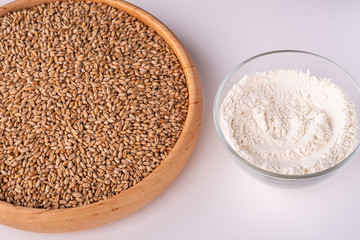 Wheat seeds grains in wooden bowl near with wheat flour in glass bowl, angle view, isolated on white background, copy space