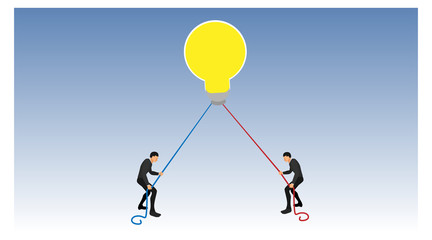 light bulb lights up yellow grabs two people pull each other using a rope pull. Illustration of competition gets a brilliant idea with a blank background. eps 10 vector file.