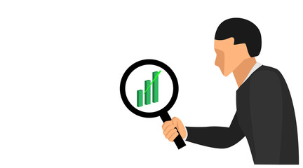 a man's right hand holding a lens loop is examining a green bar diagram with an upward arrow. business chart elements of a company with a blank background. eps 10 vector file.
