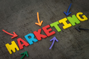 Obraz premium Marketing, commercial strategy for company to promote to sell product and services concept, multi color arrows pointing to the word Marketing at the center of black cement chalkboard wall