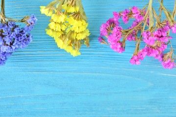 Bright colorful flowers with tiny petals and selective focus on blue wooden background. Spring backdrop with romantic flower board and copy space for text. Greeting card concept with spring flowers 