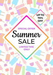 Summer sale banner. Special offer, limited time only, up to 70% off. Ice pop pattern background.