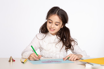 little girl drawing with color pencils