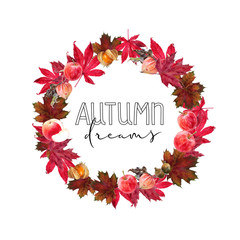 Watercolor hand drawn autumn leaves design template card.
