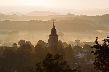 Naklejka premium Old town part of Stary Sacz at sunrise. Stary Sacz is a one of the oldest towns in Poland, founded in 13th century.