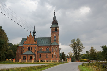 Fototapeta na wymiar Neo-Gothic Church of St. Michael the Archangel. Zeleznikowa Wielka, Nawojowa. Poland.