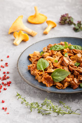 Fried chanterelle mushrooms with basil and spice herbs on gray concrete background. Side view.