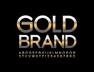 Vector premium logo Gold Brand with Uppercase Alphabet. Reflective chic Font. Shiny Letters and Number set