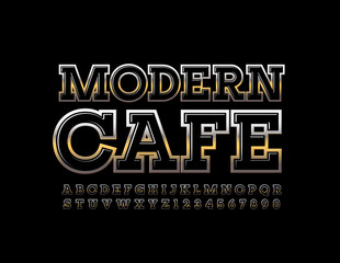 Vector premium emblem Modern Cafe with Black and Golden Alphabet Letters and Numbers. Chic Uppercase Font