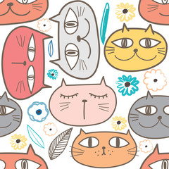 Cute cat seamless pattern background. Vector illustration for fabric and gift wrap design.
