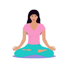 Fototapeta na wymiar A young girl sits in a lotus position. Woman is doing yoga. Chin Mudra