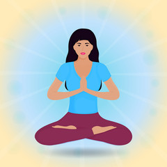 A young girl sits in a lotus position and levitates. Namaste. Hatha yoga