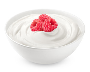 raspberry with sour cream, yogurt, isolated on white background, clipping path, full depth of field