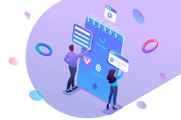 Isometric concept Young entrepreneurs are engaged in the preparation of business planning for the month. Concept for web design