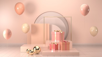 3d render image of christmas gift box decorate on podium pink pastel background.