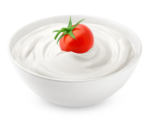 tomato cherry with mayonnaise, sour cream, yogurt, isolated on white background, clipping path, full depth of field