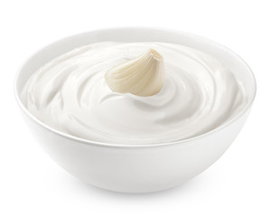 garlic with mayonnaise, sour cream, yogurt, isolated on white background, clipping path, full depth of field