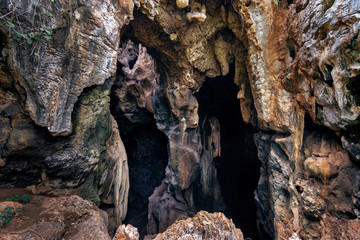 Cave Goa Prabu. Indonesia. island Lombok. stone structure in a karst cave. stone structure in a karst cave. multi-colored rocks of the wall.