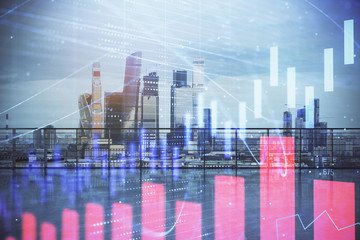 Forex graph hologram with city view from roof background. Double exposure. Stock market concept.