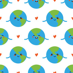 Cute vector seamless pattern background with cartoon earth planet characters and hearts.