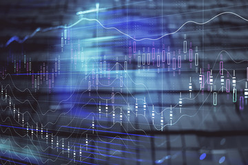 Financial chart hologram with abstract background. Double exposure. Concept of market analysis