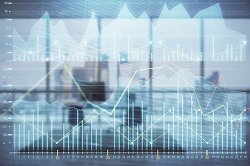 Business theme graph hologram with minimalistic cabinet interior background. Double exposure. Stock market concept.