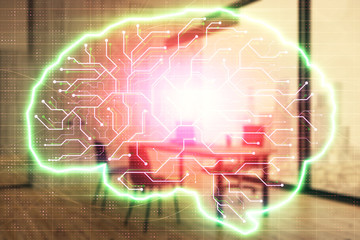 Brain sign hologram with minimalistic cabinet background. Double exposure. Ai concept.
