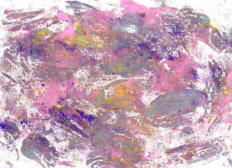 Abstract pink texture paints on paper for a design background. Artistic strokes and spots of pink, purple, yellow. Acrylic paint. Colorful background for conceptual,