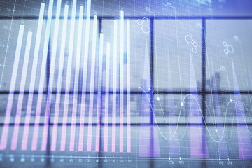 Double exposure of financial chart on empty room interior background. Forex market concept.