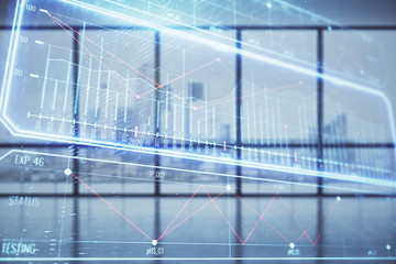 Double exposure of business theme hologram on empty room interior background. Business concept