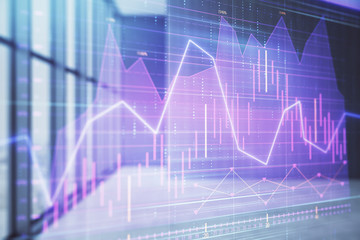 Double exposure of financial chart on empty room interior background. Forex market concept.