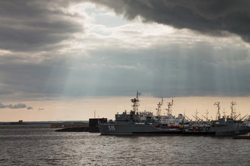 July 28, 2019, Russia, St. Petersburg, Kronstadt, parade of the Navy. Warships on the roadstead of Kronstadt.