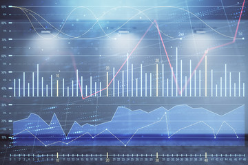 Double exposure of financial graph on empty room interior background. Forex market concept.