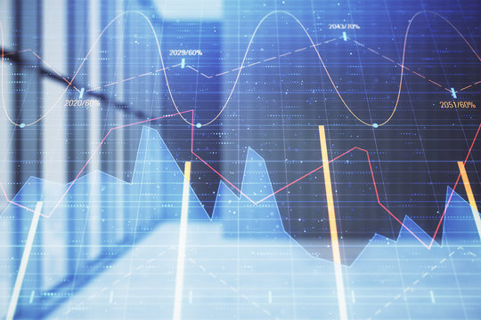 Double exposure of financial chart on empty room interior background. Forex market concept.
