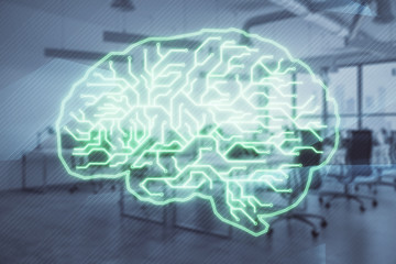 Human brain drawing with office interior on background. Double exposure. Concept of innovation.