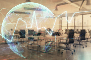 Stock and bond market graph and world map with trading desk bank office interior on background. Multi exposure. Concept of international finance