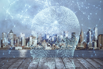 Brain hologram drawing on cityscape background multi exposure. Ai in modern city concept.