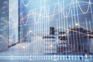 Stock market chart with trading desk bank office interior on background. Double exposure. Concept of financial analysis