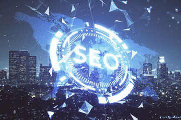 SEO hologram on city view with skyscrapers background double exposure. Search optimization concept.