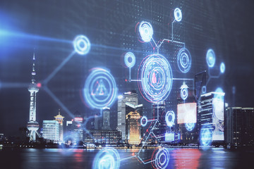 Data theme hologram drawing on city view with skyscrapers background double exposure. Ai concept.